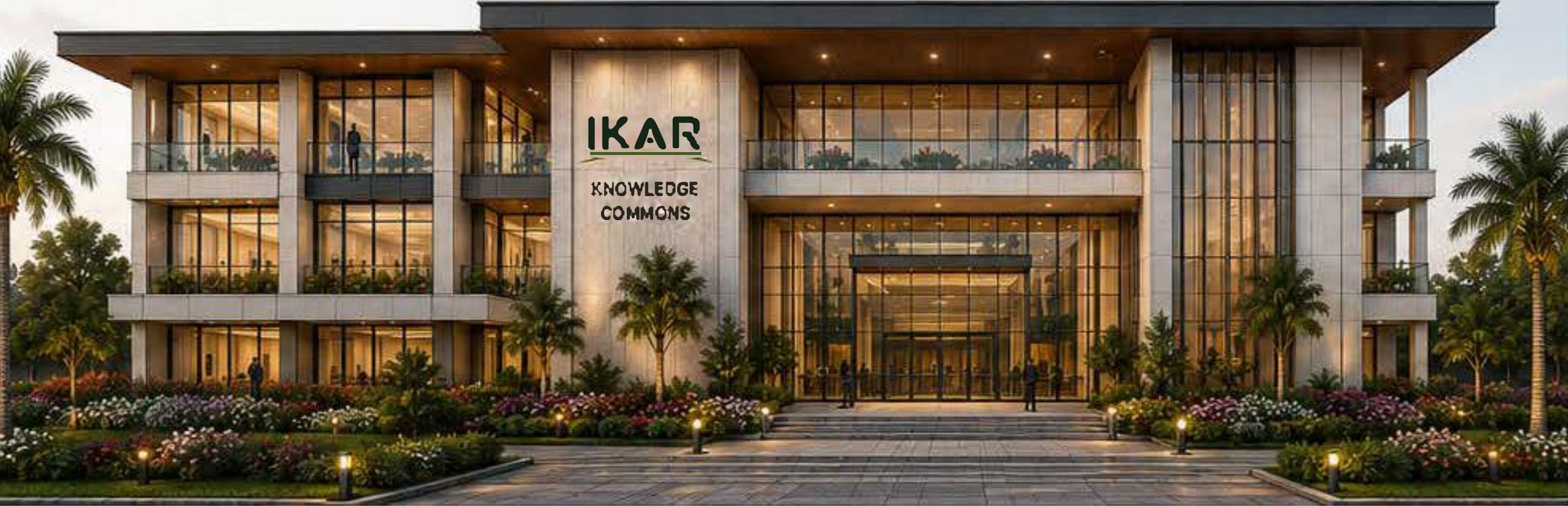 The IKAR Knowledge Commons, a three-level building with a tall stone entrance bay