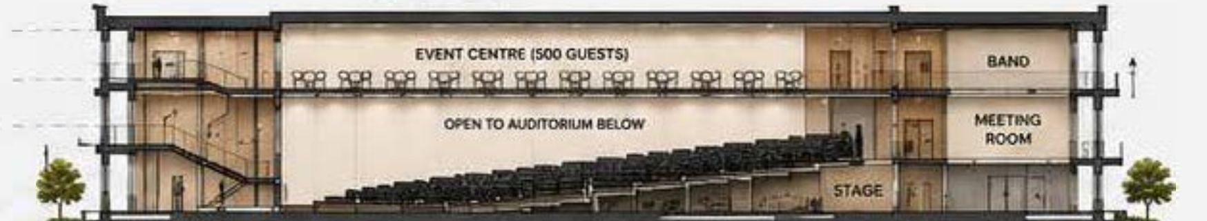 Auditorium: section showing the event centre above the main hall