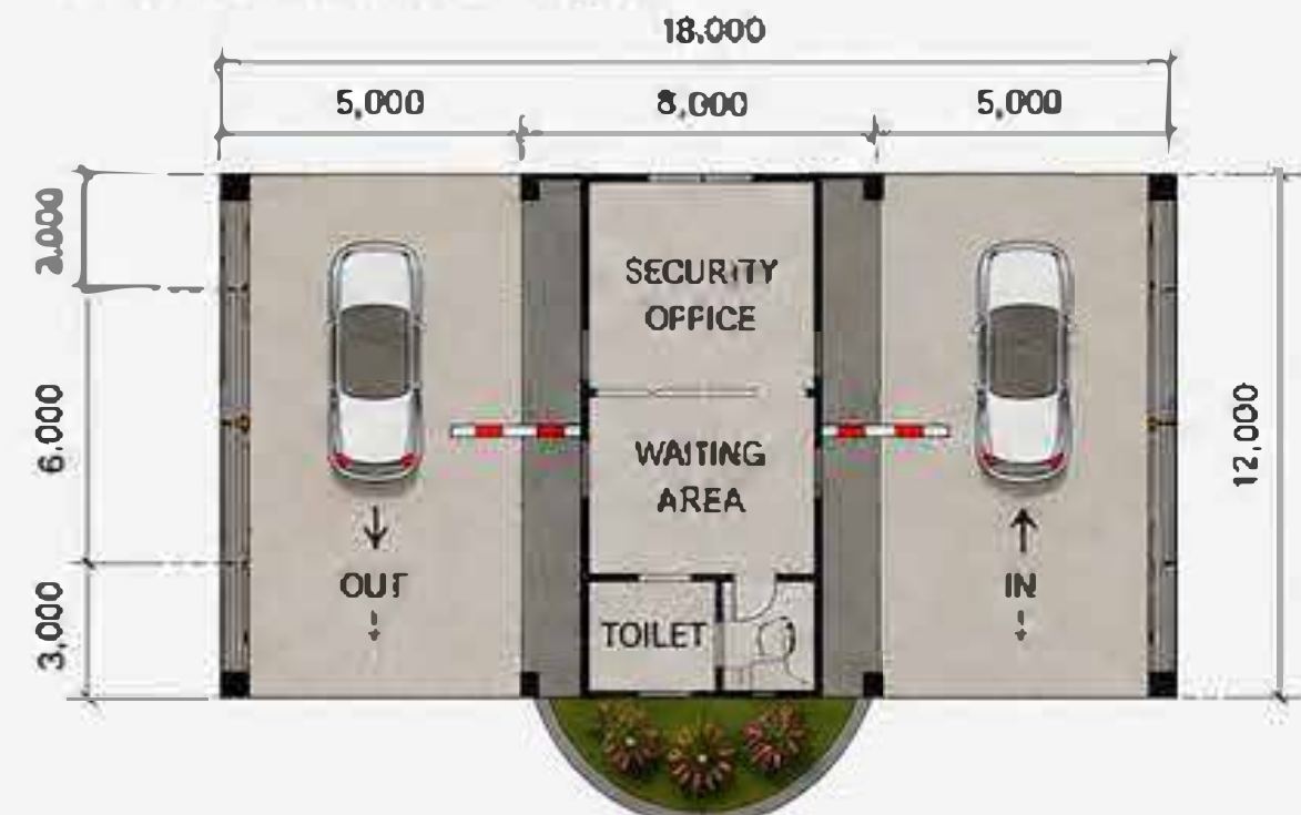 Main entrance gate: floor plan with security office and in/out lanes