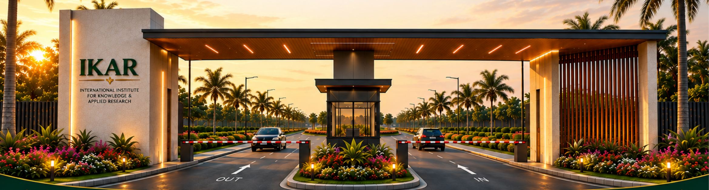 Concept render of the IKAR main entrance gate at sunset: a stone monument bearing the IKAR name, a timber-lined canopy and a palm-lined boulevard beyond