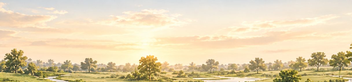 Watercolour-style landscape of open savanna, trees and a winding river at sunrise