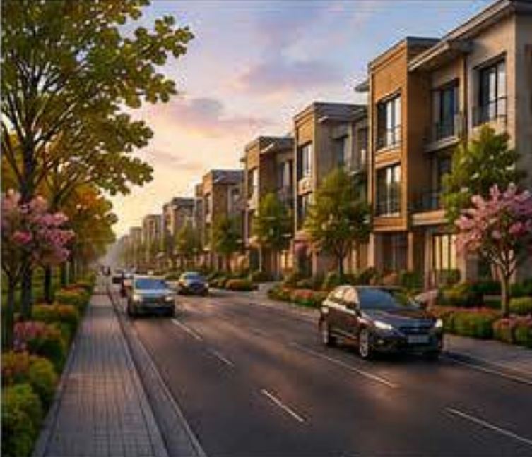 A tree-lined residential street with two-storey townhouses at dusk